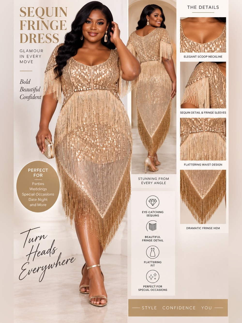 xPLUSWEAR SEMI FORMAL SEQUIN FRINGE DRESS - GOLD SIZE 3XL (NEW WITH TAGS) A35